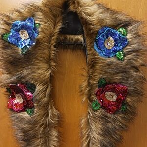 Faux Fur Scarf with Sequin Floral Accents